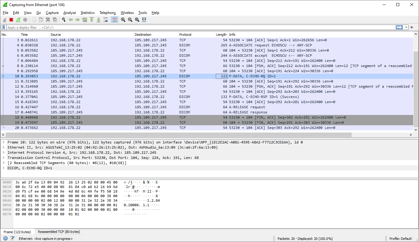 WireShark capture of traffic from DCMTK echoscu to VPS