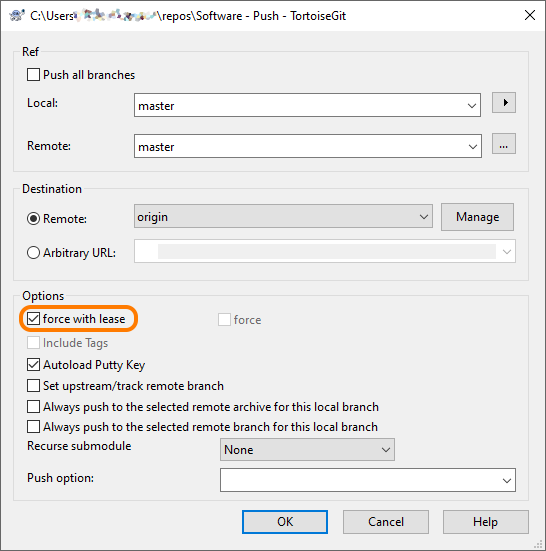 An example TortoiseGit Push dialog, with the "force with lease" option selected and highlighted.