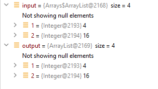 Two lists in an Android Studio window. Both show a list with "size=4", both show only 2 elements. Above both it says "Not showing null elements".